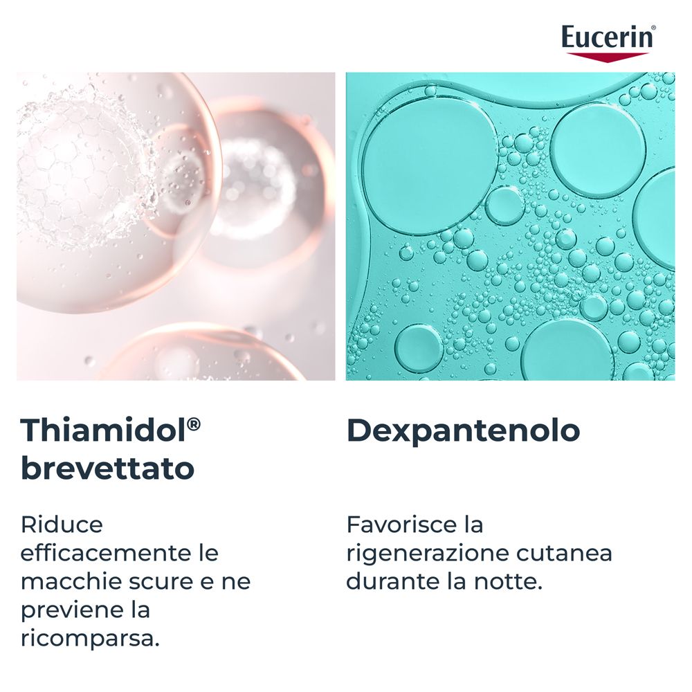 Due immagini: Thiamidol® e Dexpanthenol. Testo: Riduce efficacemente le macchie scure e ne previene la ricomparsa.