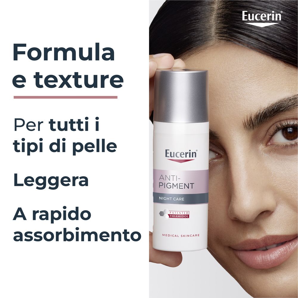 Donna con pelle chiara. Testo: Formula e texture. Per tutti i tipi di pelle. Leggera. A rapido assorbimento. Logo Eucerin.
