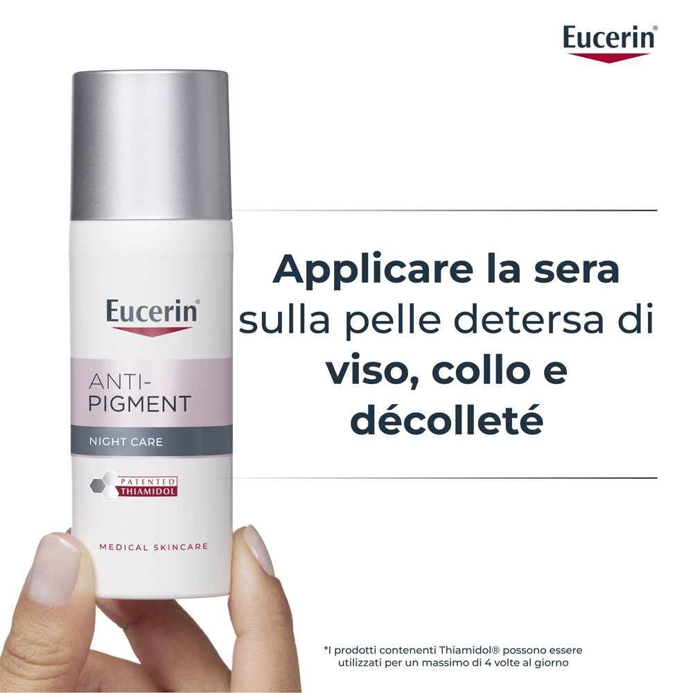 Eucerin Anti-Pigment Crema Notte. Testo: Applicare la sera sulla pelle detersa di viso, collo e décolleté.