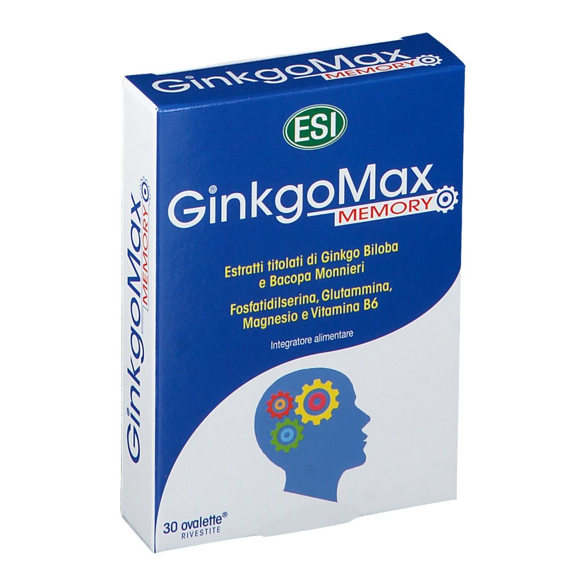 Scatola blu e bianca, nome e ingredienti del prodotto. ESI GinkgoMax Memory. 30 compresse.