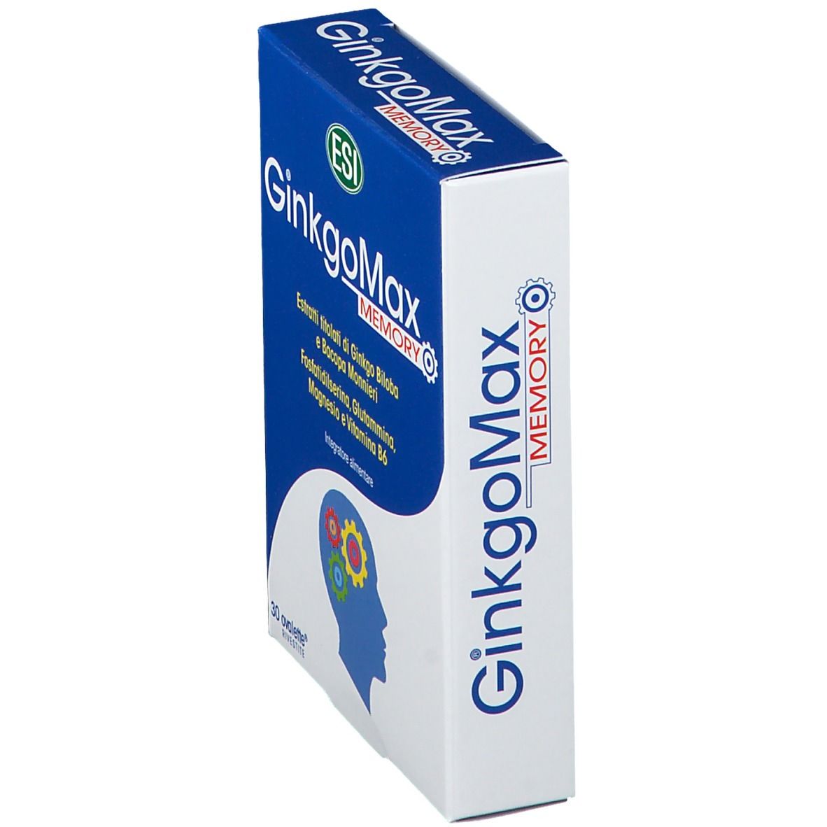 Scatola blu e bianca, nome e ingredienti del prodotto. ESI GinkgoMax Memory. 30 compresse.