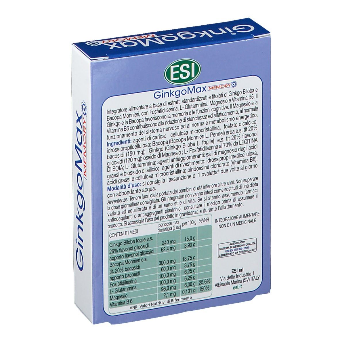 Confezione del prodotto, retro. Contiene informazioni sugli ingredienti e sui valori nutrizionali. ESI GinkgoMax Memory.