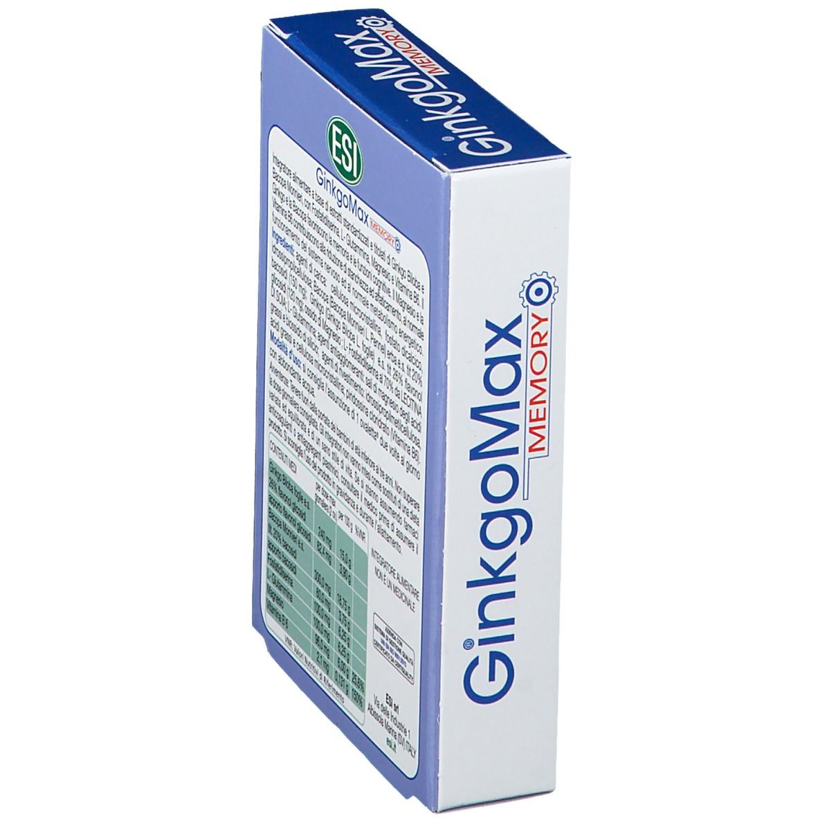 Confezione del prodotto, vista laterale. ESI GinkgoMax Memory. Contiene informazioni.