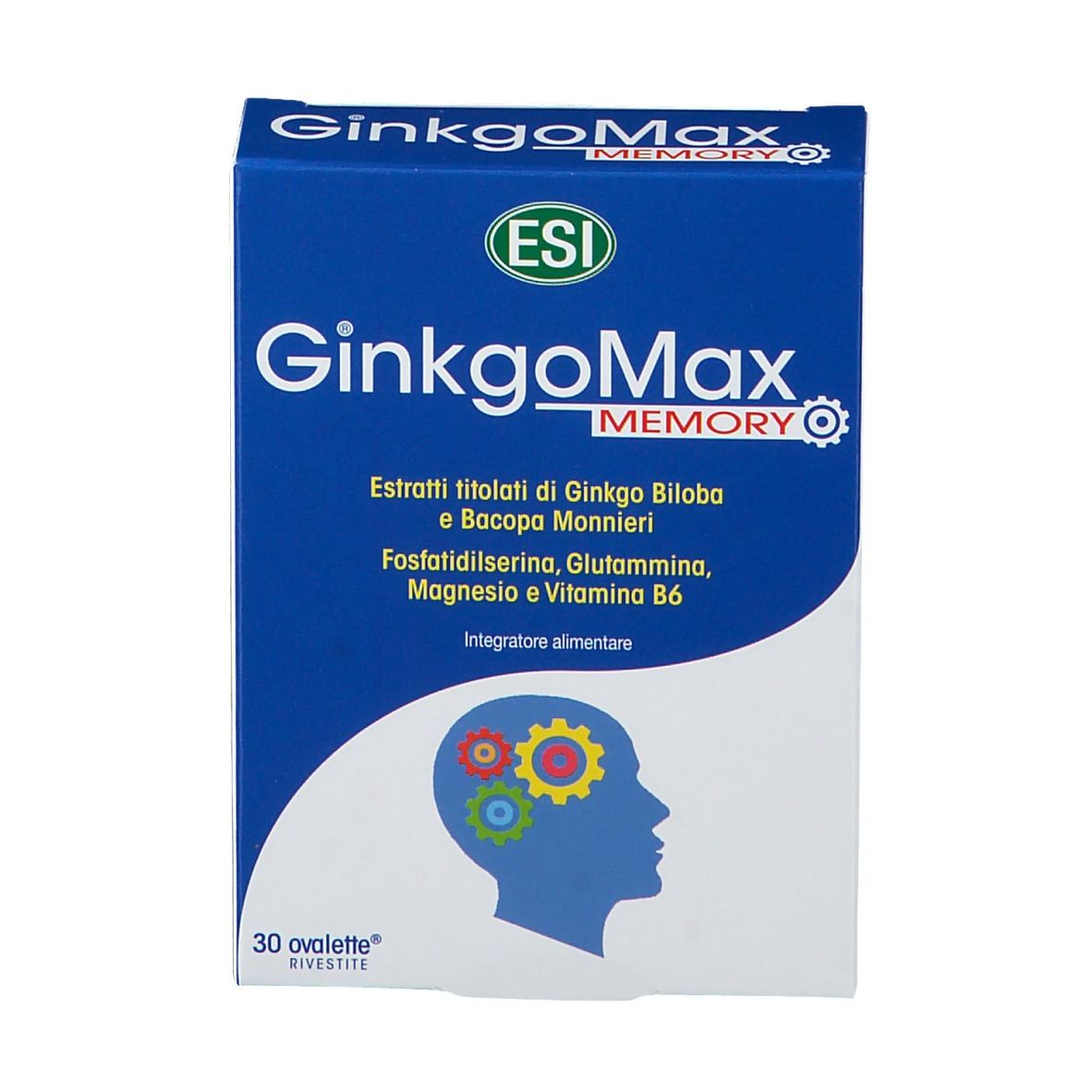 Scatola blu e bianca con nome e ingredienti del prodotto. Contiene 30 compresse. ESI GinkgoMax Memory.