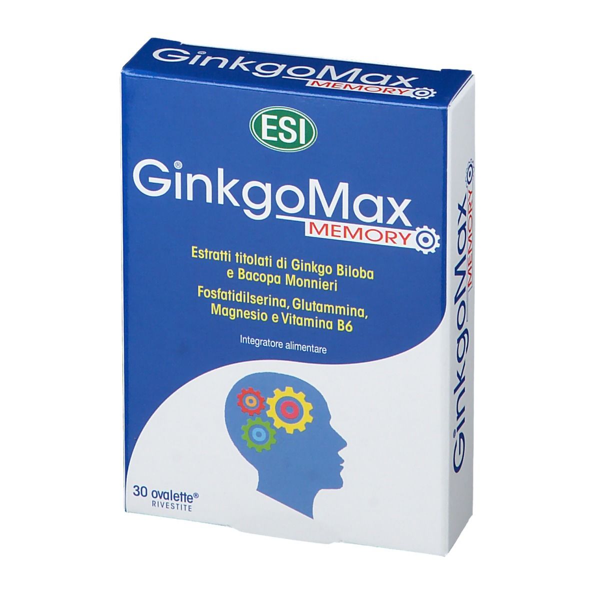 Scatola blu e bianca con nome e ingredienti del prodotto. Contiene 30 compresse. ESI GinkgoMax Memory.