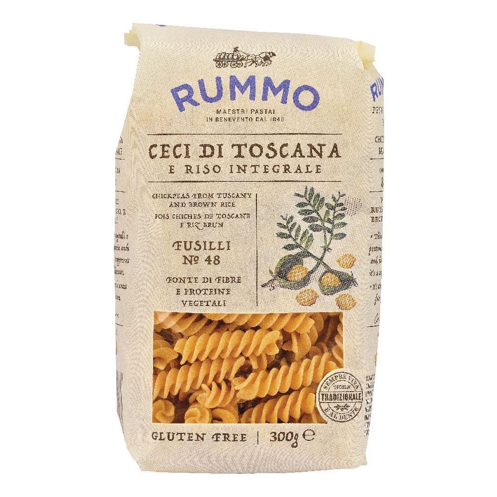 Confezione di pasta Fusilli N 48 Rummo. Ceci di Toscana e Riso Integrale. Finestra trasparente con pasta.