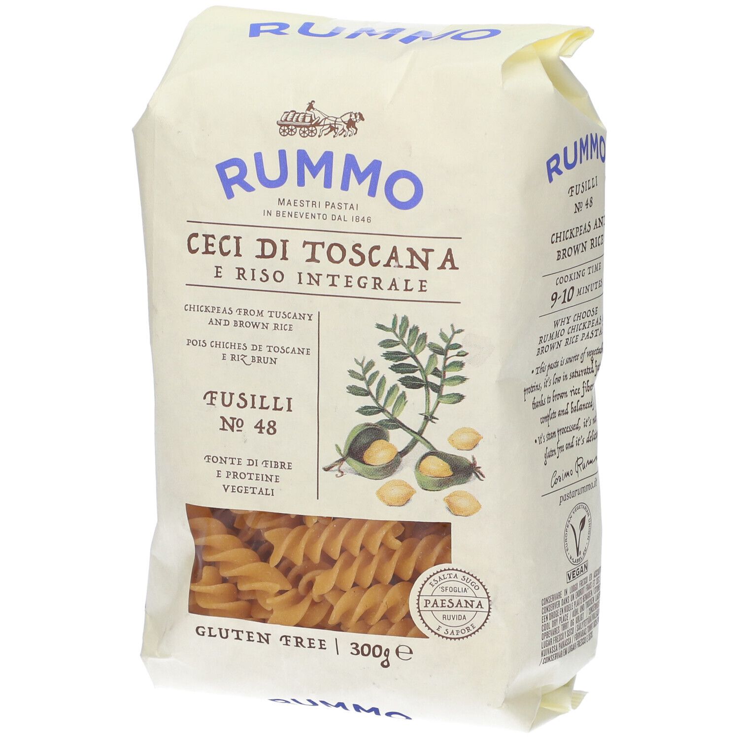 Confezione di pasta Fusilli N 48 Rummo. Ceci di Toscana e Riso Integrale. Finestra trasparente con pasta.