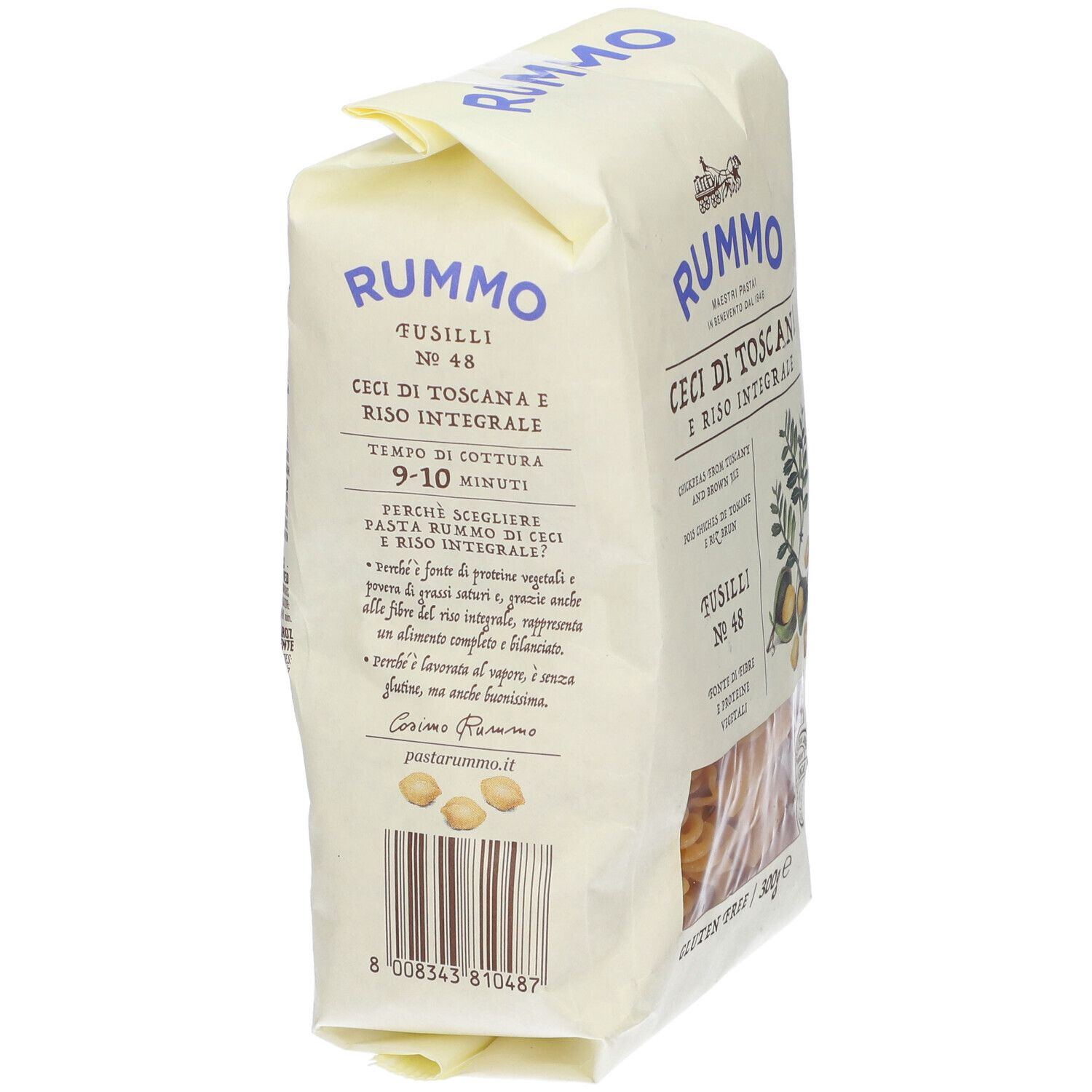 Retro confezione Fusilli N 48. Informazioni nutrizionali e ingredienti. Senza glutine.