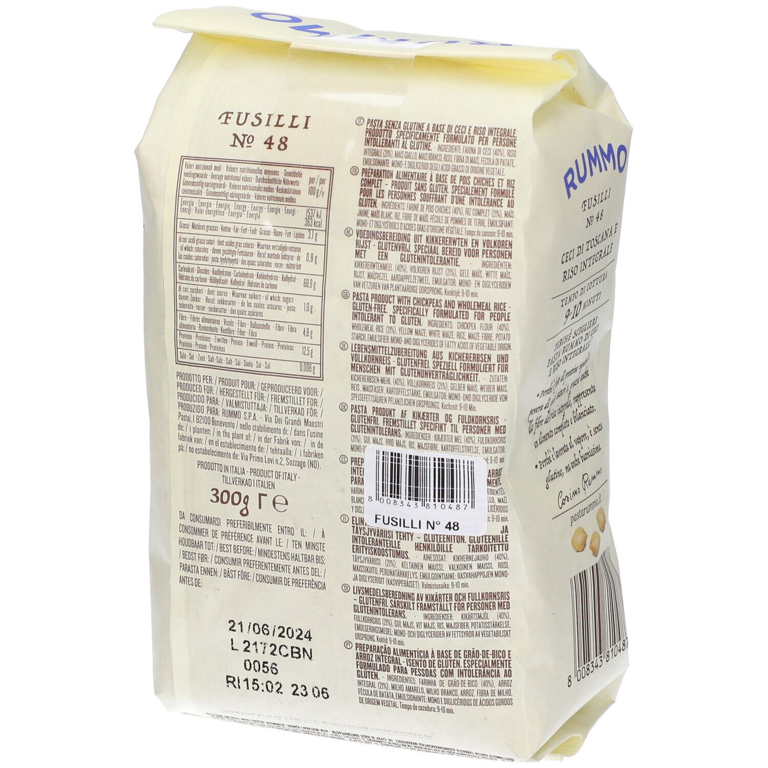 Retro confezione Fusilli N 48. Informazioni nutrizionali e ingredienti. Senza glutine.