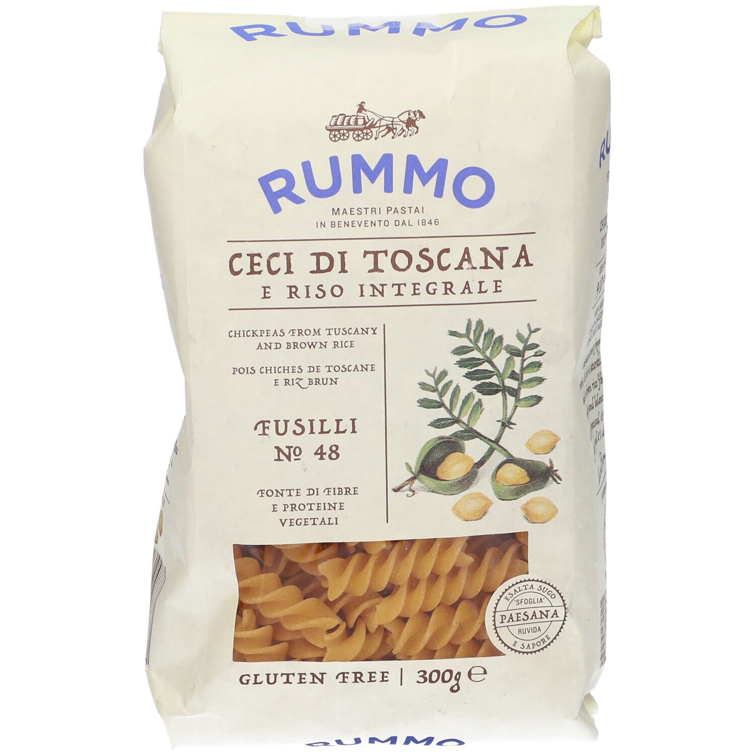 Confezione di pasta Fusilli N 48 Rummo. Ceci di Toscana e Riso Integrale. Finestra trasparente con pasta.