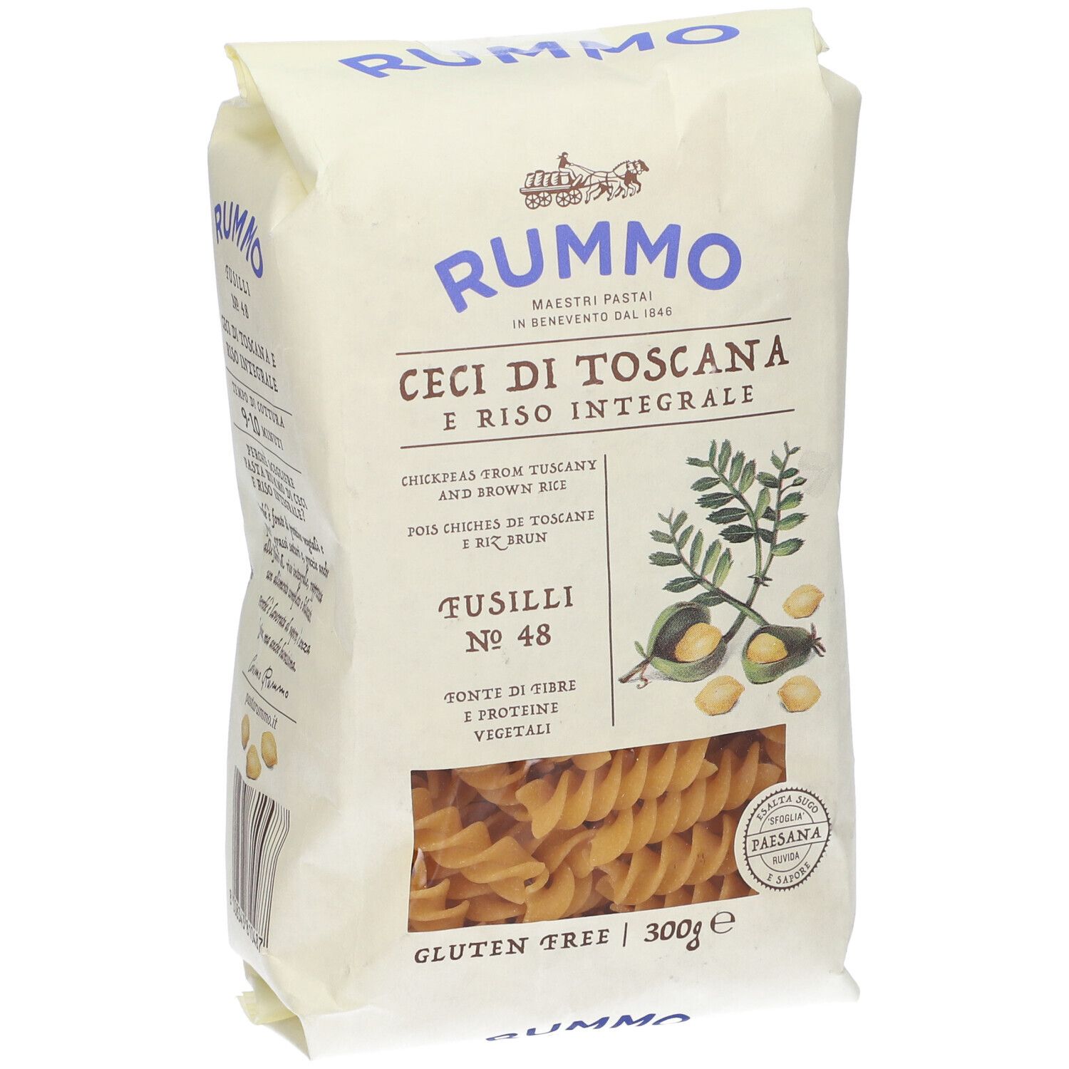 Confezione di pasta Fusilli N 48 Rummo. Ceci di Toscana e Riso Integrale. Finestra trasparente con pasta.