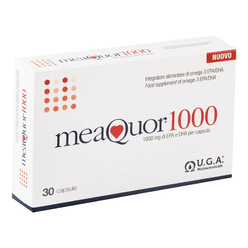 Scatola bianca con scritta rossa meaquor 1000. Contiene 30 capsule. Logo U.G.A. Nutraceuticals.