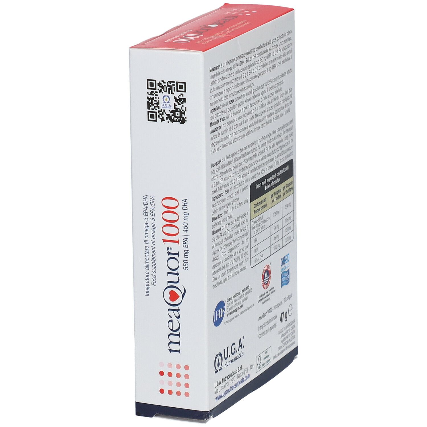 Scatola con scritta rossa meaquor 1000. Contiene informazioni e codice QR. Logo U.G.A. Nutraceuticals.