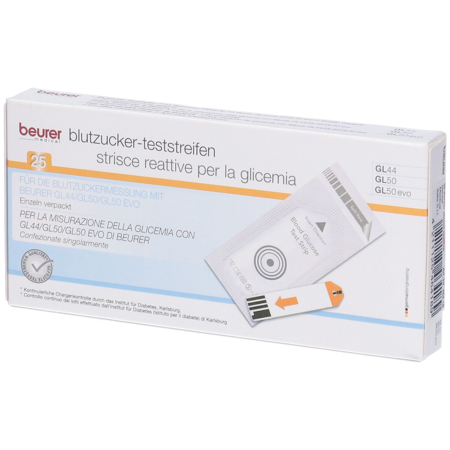 Beurer Teststreifen-Box. Enthält 25 Teststreifen. Einzeln verpackt. Für Blutzuckermessung. Mit Zertifizierung.