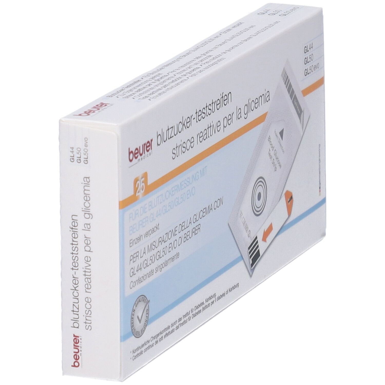 Beurer Teststreifen-Box. Enthält 25 Teststreifen. Einzeln verpackt. Für Blutzuckermessung. Schrägansicht.