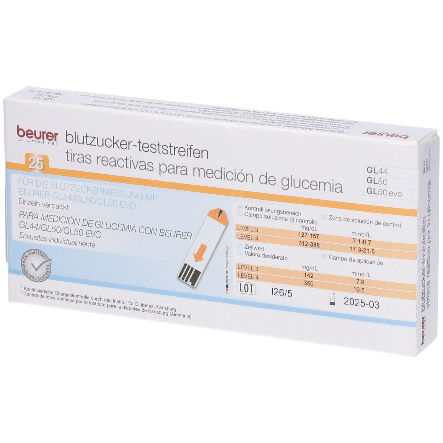 Beurer Teststreifen-Box. Enthält 25 Teststreifen. Einzeln verpackt. Für Blutzuckermessung. Mit Tabelle.