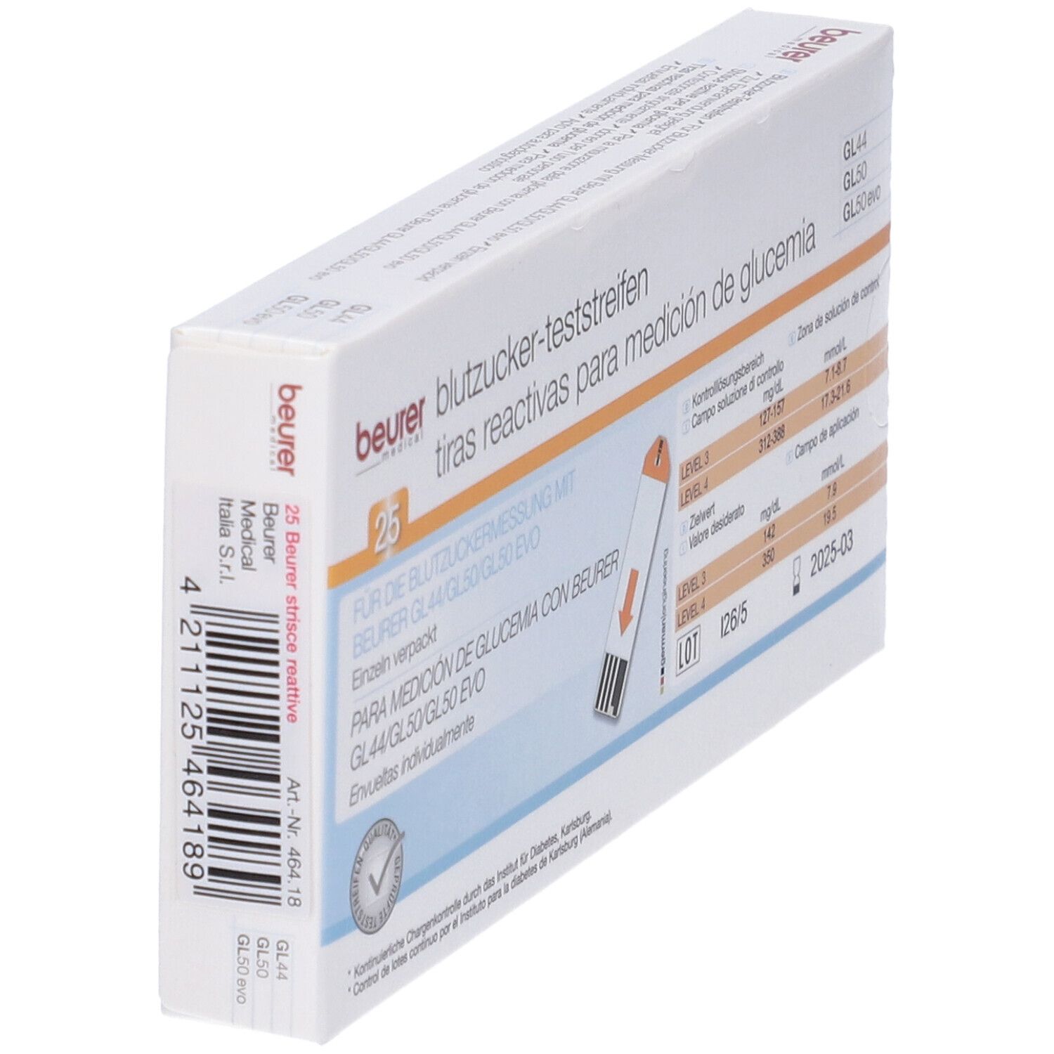 Beurer Teststreifen-Box. Enthält 25 Teststreifen. Einzeln verpackt. Für Blutzuckermessung. Rückansicht.