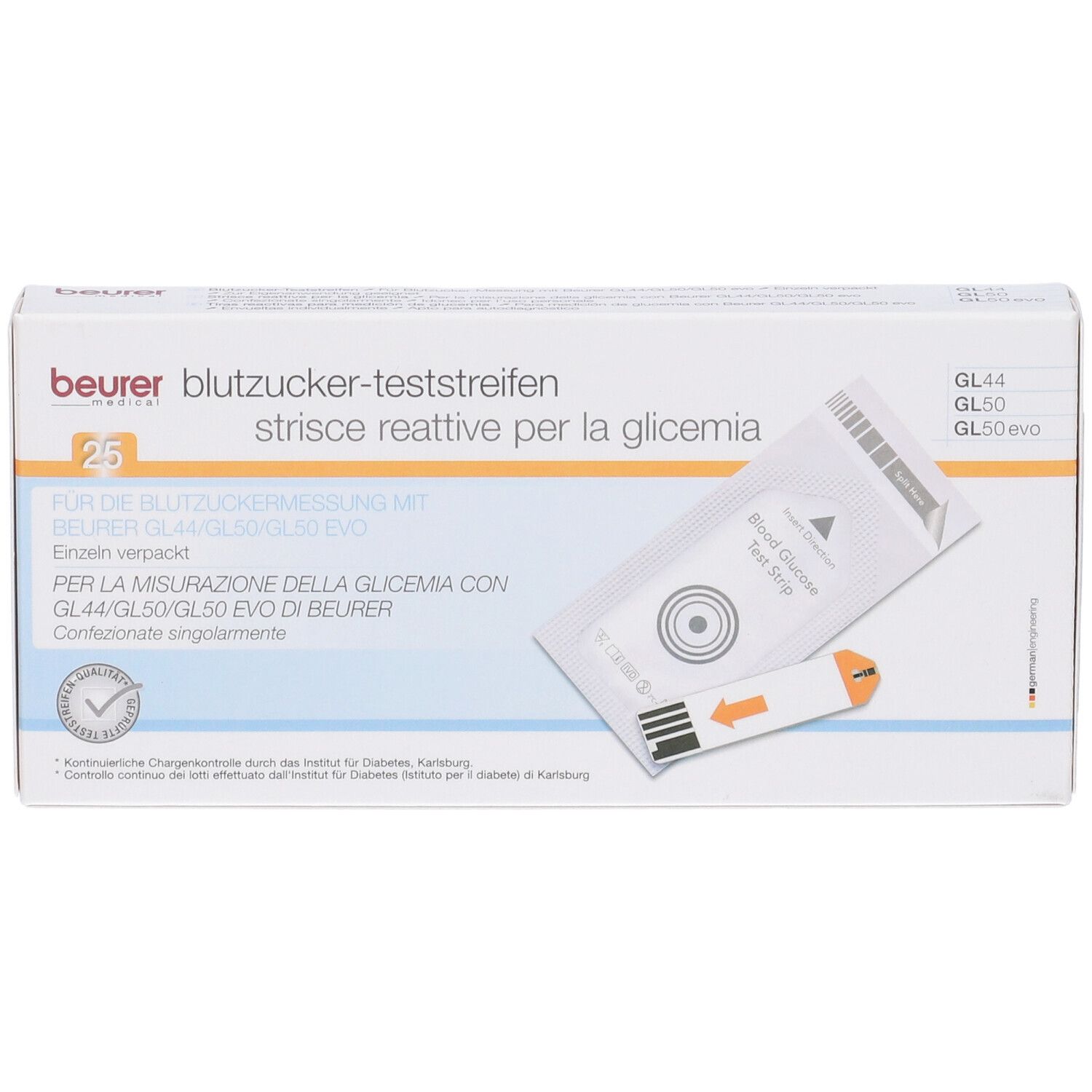 Beurer Teststreifen-Box. Enthält 25 Teststreifen. Einzeln verpackt. Für Blutzuckermessung. Mit Teststreifen.