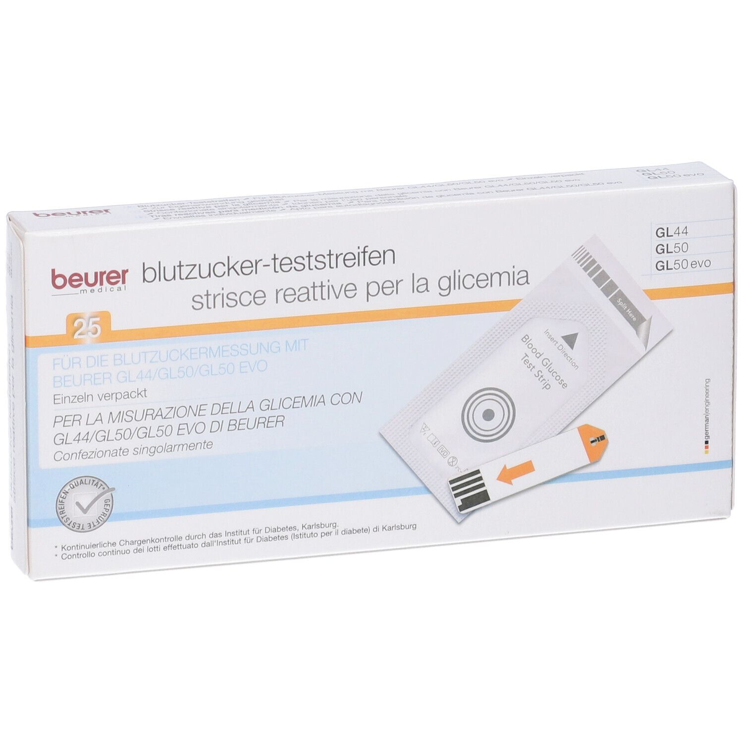Beurer Teststreifen-Box. Enthält 25 Teststreifen. Einzeln verpackt. Für Blutzuckermessung. Mit Teststreifen.