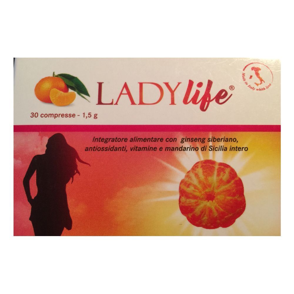 Confezione di Ladylife. Scritta: 30 compresse - 1,5 g. Con immagini di arance e una silhouette femminile.