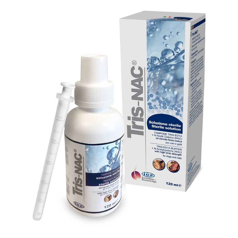 Flacone bianco e scatola con nome prodotto Tris-NAC. Soluzione sterile. Include applicatore. 120 ml.