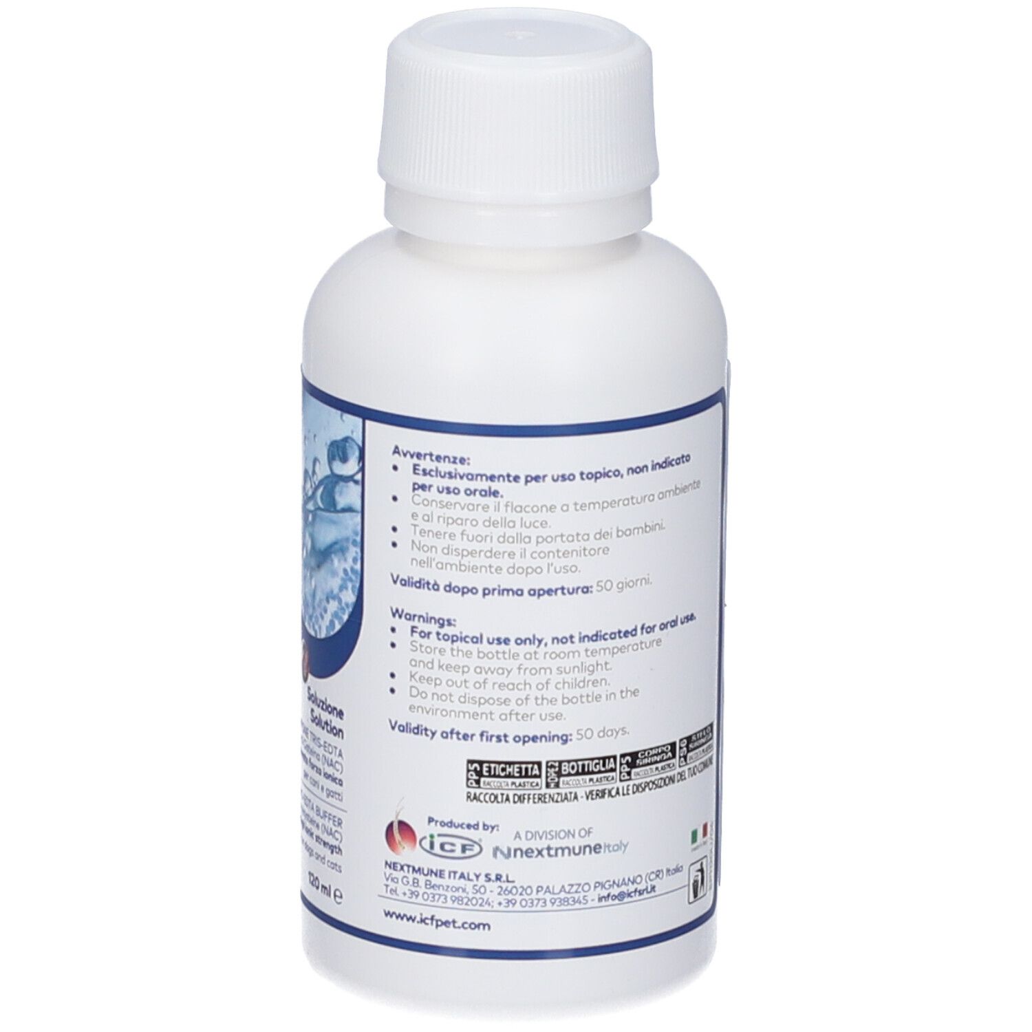 Tris-NAC Pufferlösung für Hunde und Katzen, 120 ml, Rückseite.