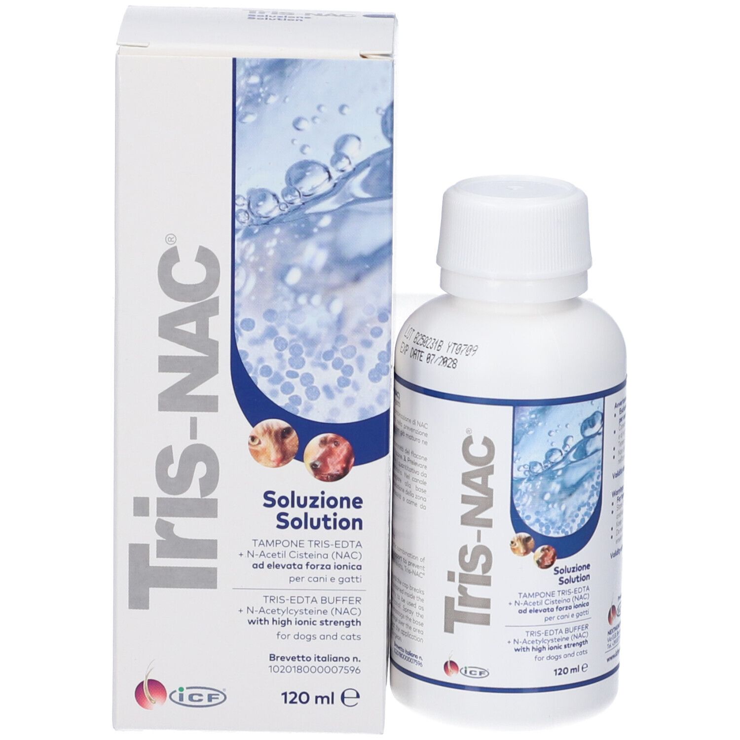 Tris-NAC Pufferlösung für Hunde und Katzen, 120 ml, mit Verpackung, Rückseite.