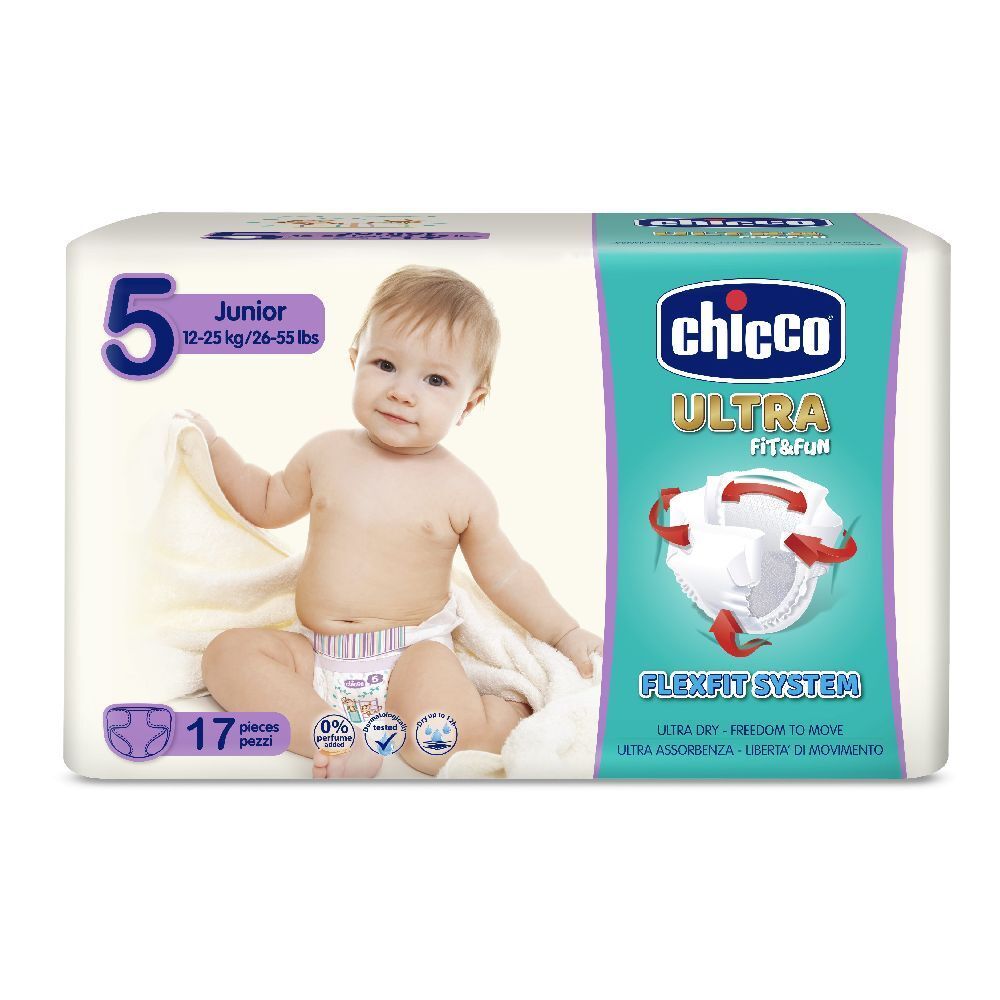 Chicco Ultra Fit&Fun Windeln Größe 5, Packung mit 17 Stück. Baby auf der Verpackung.