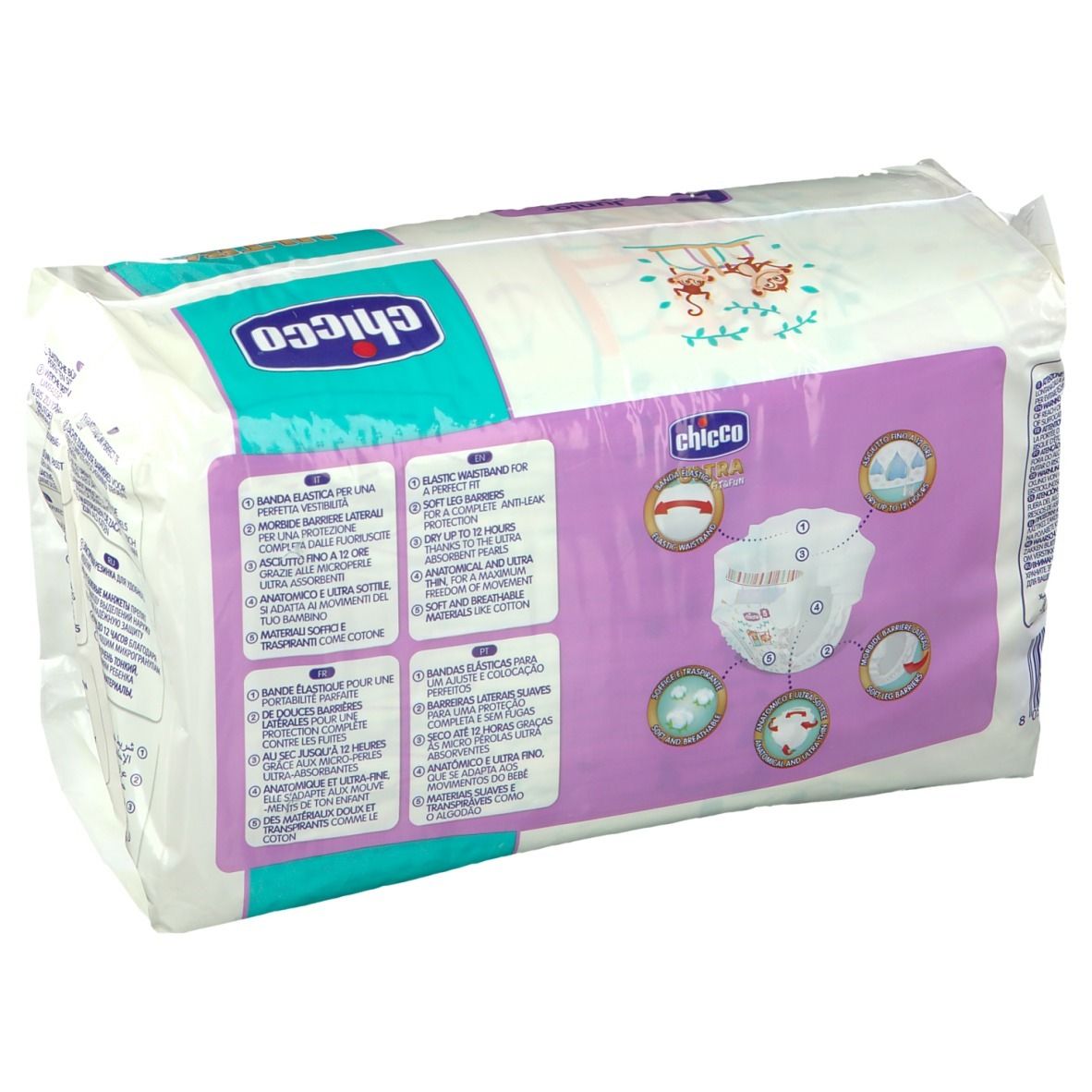 Chicco Ultra Fit&Fun Windeln, Packung. Rückseite mit Produktinformationen.