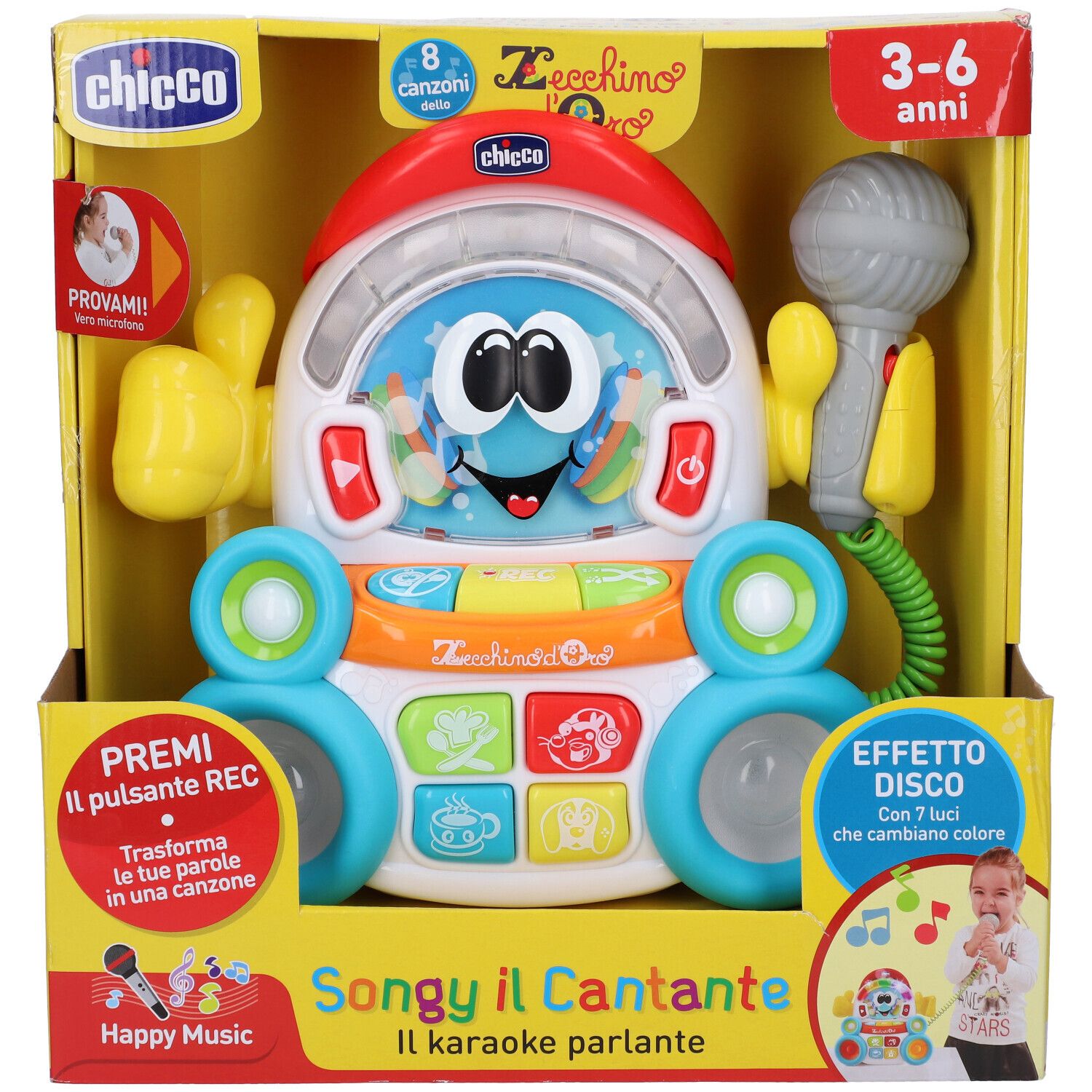 Giocattolo karaoke in confezione. Blu, rosso, giallo e bianco. Microfono e pulsanti. Età: 3-6 anni.