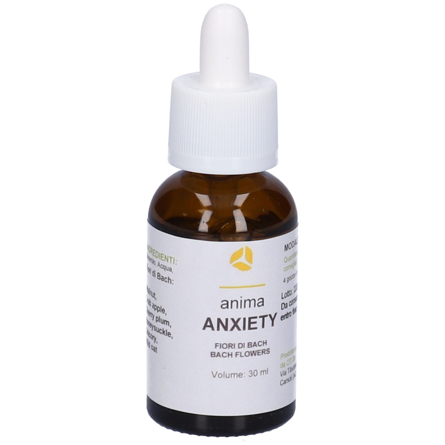Flacone di vetro marrone con contagocce. Scritto: Anima Anxiety, Fiori di Bach, 30 ml. Con ingredienti e dosaggio.