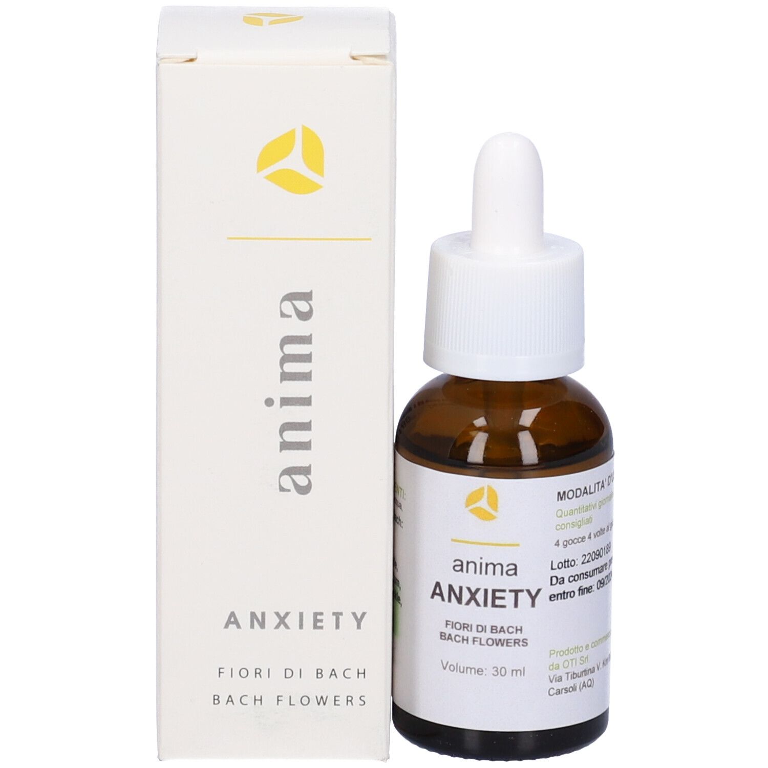 Flacone di vetro marrone con contagocce e confezione. Scritto: Anima Anxiety, Fiori di Bach, 30 ml. Con dosaggio.