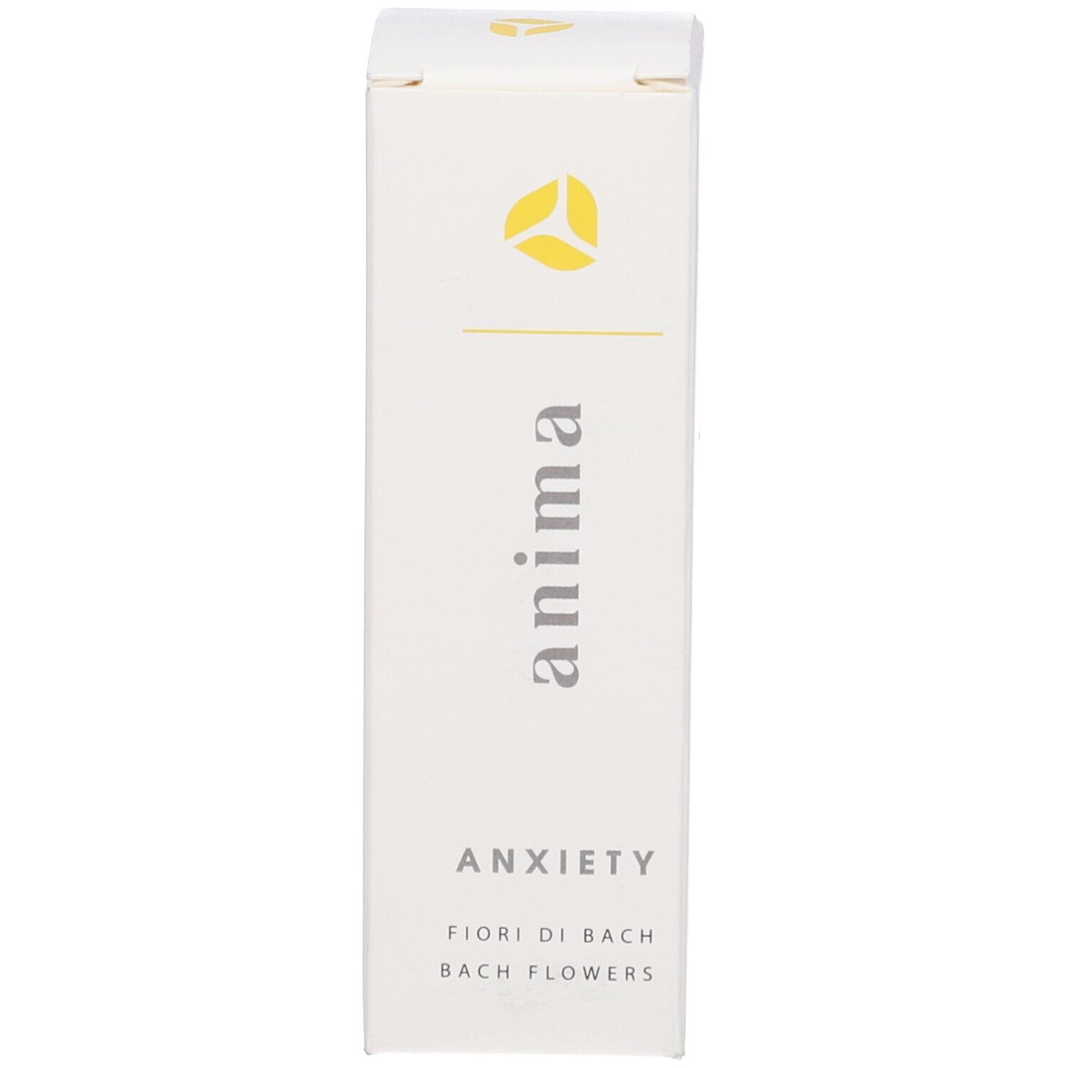 Scatola bianca con logo e nome del prodotto. Scritto: Anima Anxiety, Fiori di Bach.
