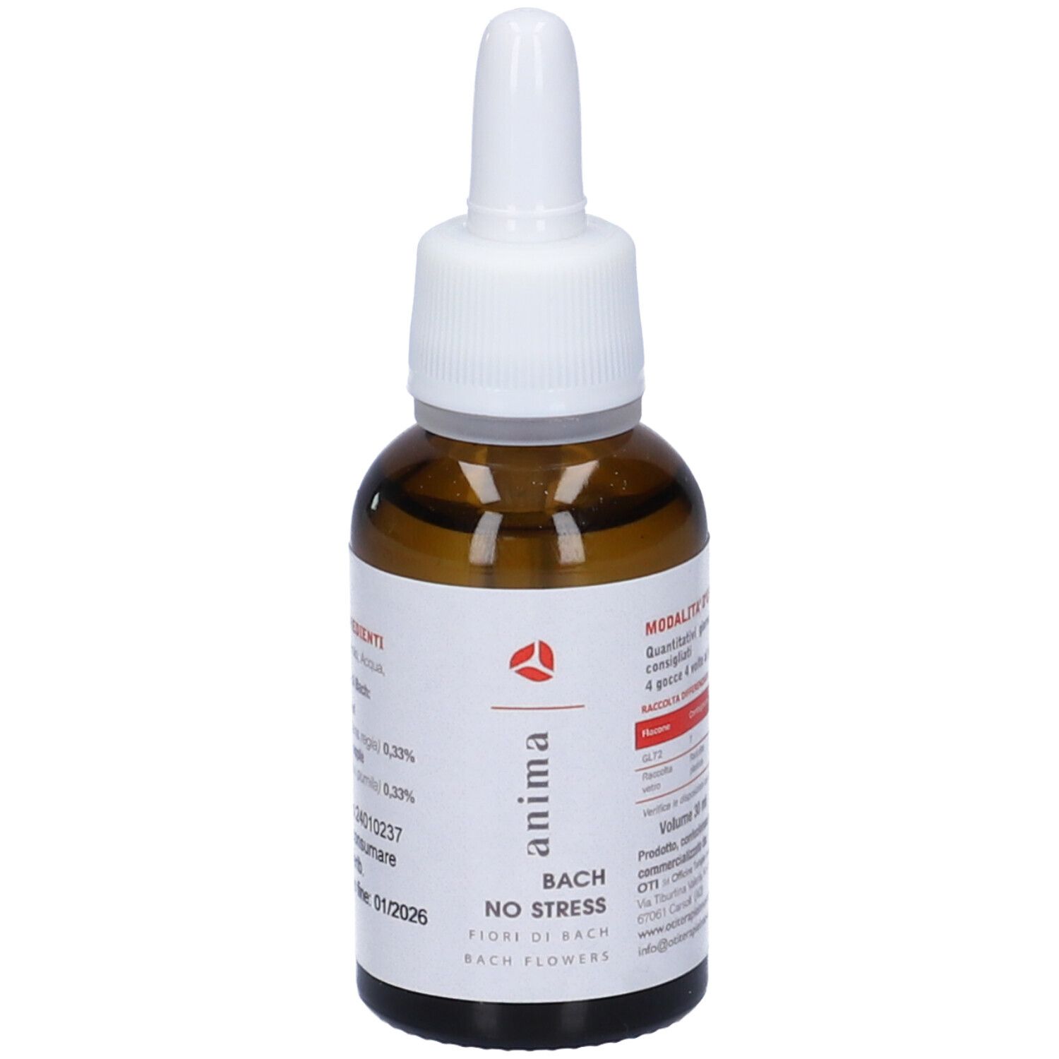Flacone di vetro marrone con contagocce bianco. Scritto: Anima, Bach No Stress, Bach Flowers. Etichetta con ingredienti e dosaggio.