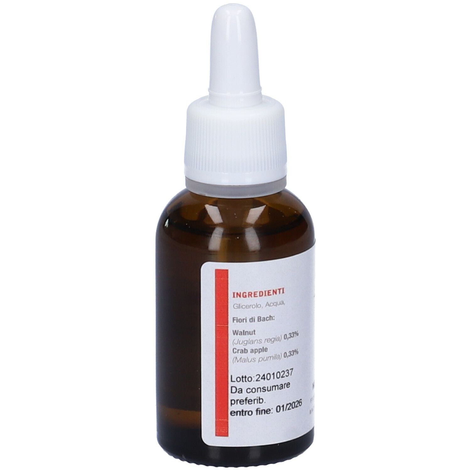 Flacone di vetro marrone con contagocce bianco. Scritto: Anima, Bach No Stress, Bach Flowers. Etichetta con ingredienti.