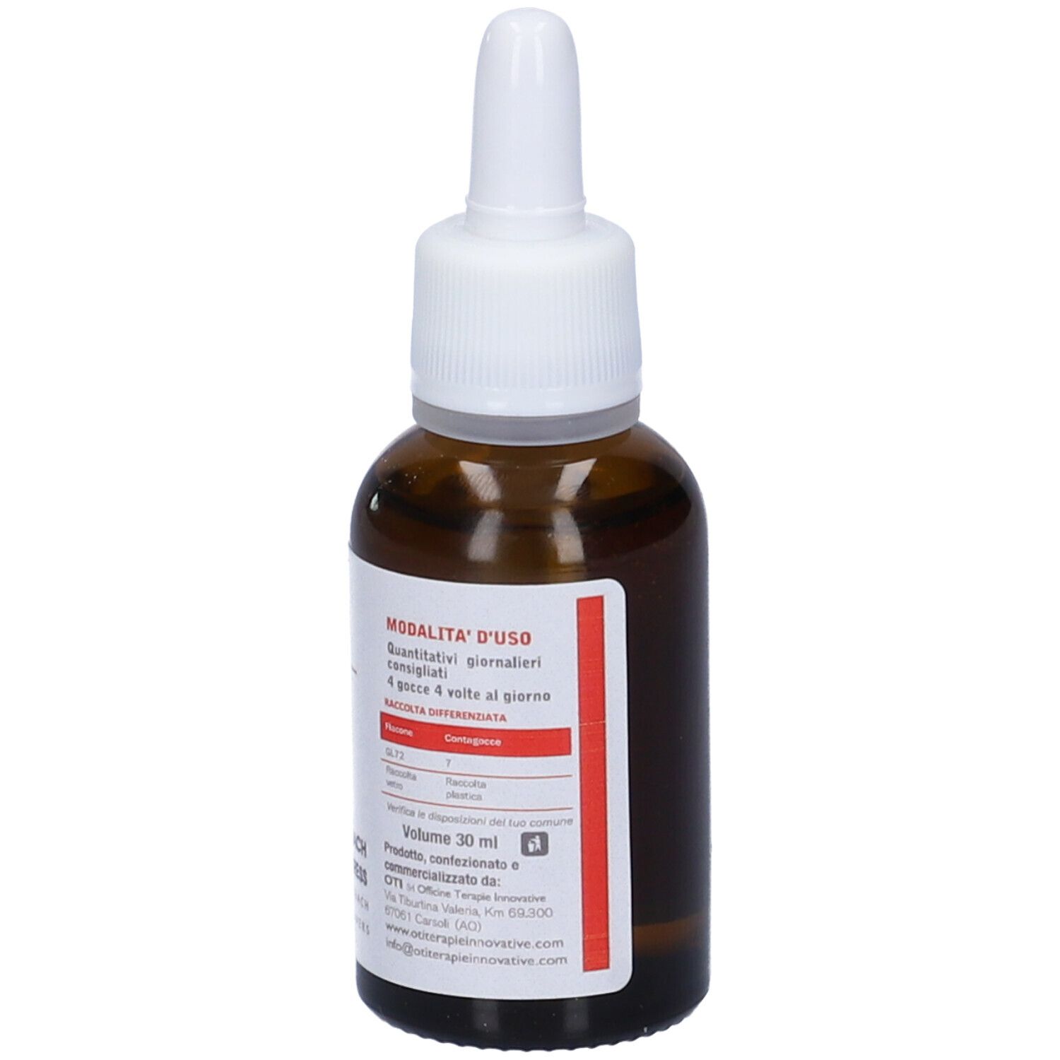 Flacone di vetro marrone con contagocce bianco. Scritto: Anima, Bach No Stress, Bach Flowers. Etichetta con dosaggio.