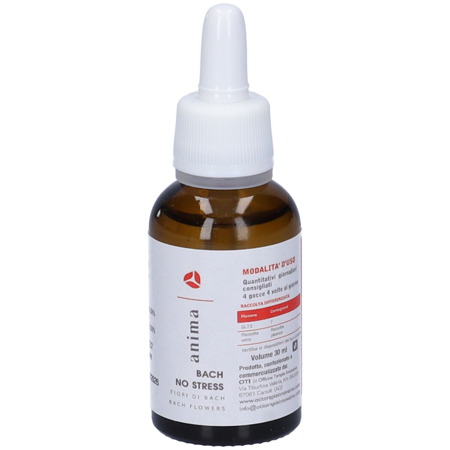 Flacone di vetro marrone con contagocce bianco. Scritto: Anima, Bach No Stress, Bach Flowers. Etichetta con dosaggio.