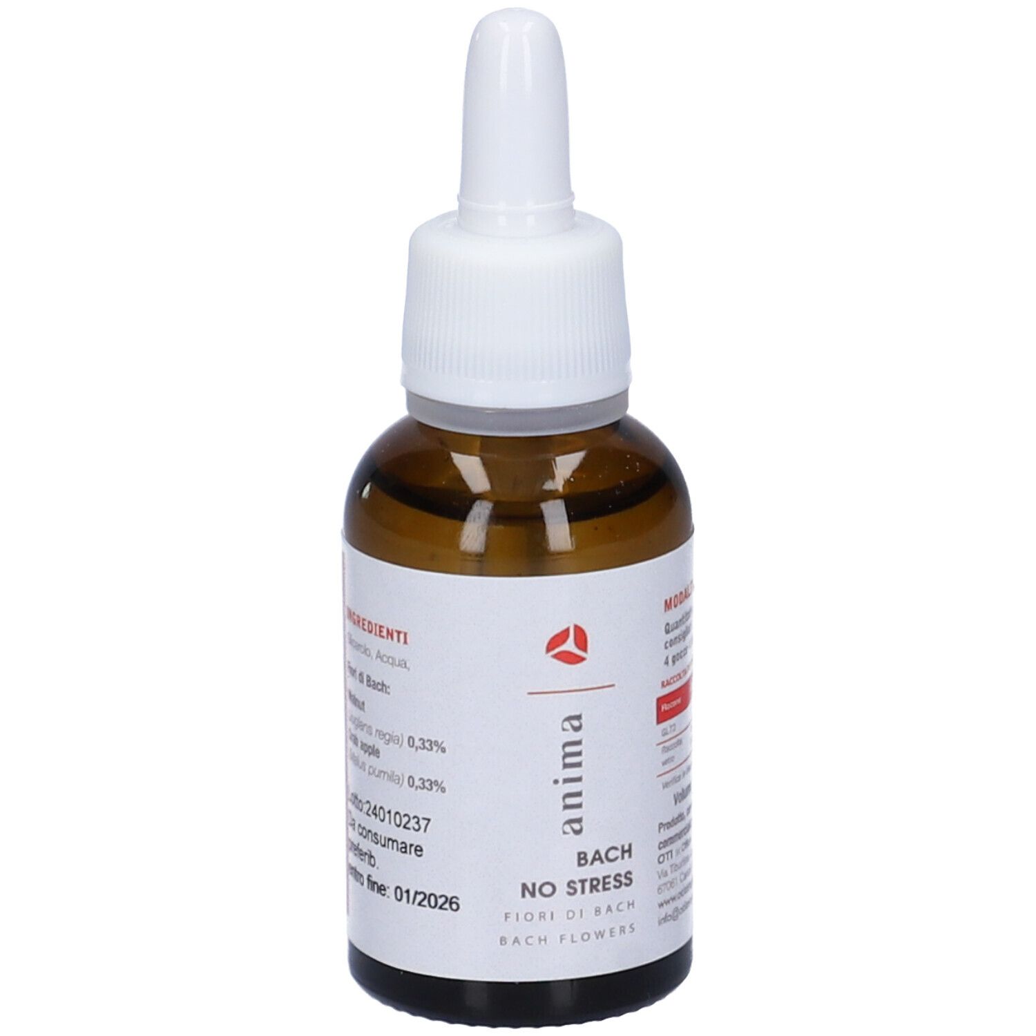 Flacone di vetro marrone con contagocce bianco. Scritto: Anima, Bach No Stress, Bach Flowers. Etichetta con ingredienti.