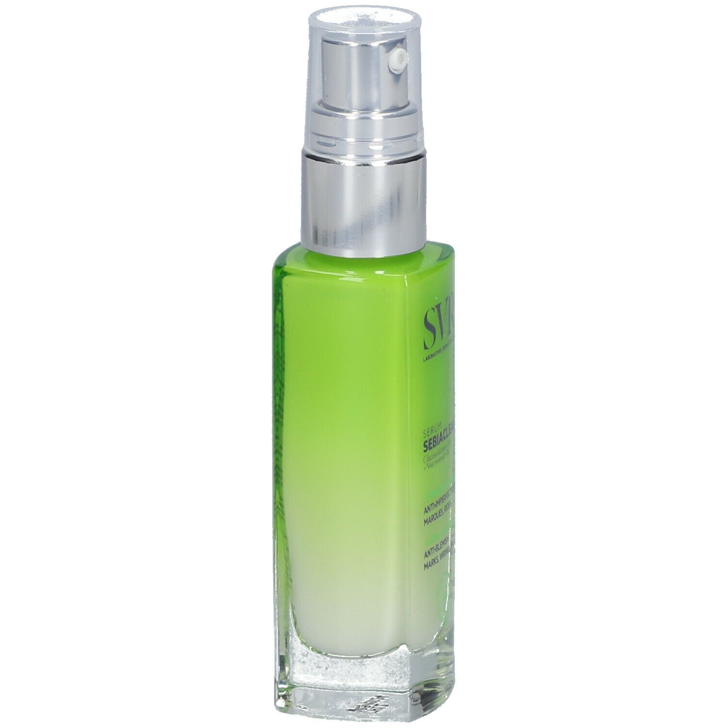 Flacon de sérum vert avec pompe argentée. Inscription SVR SEBIACLEAR. Dos avec texte.