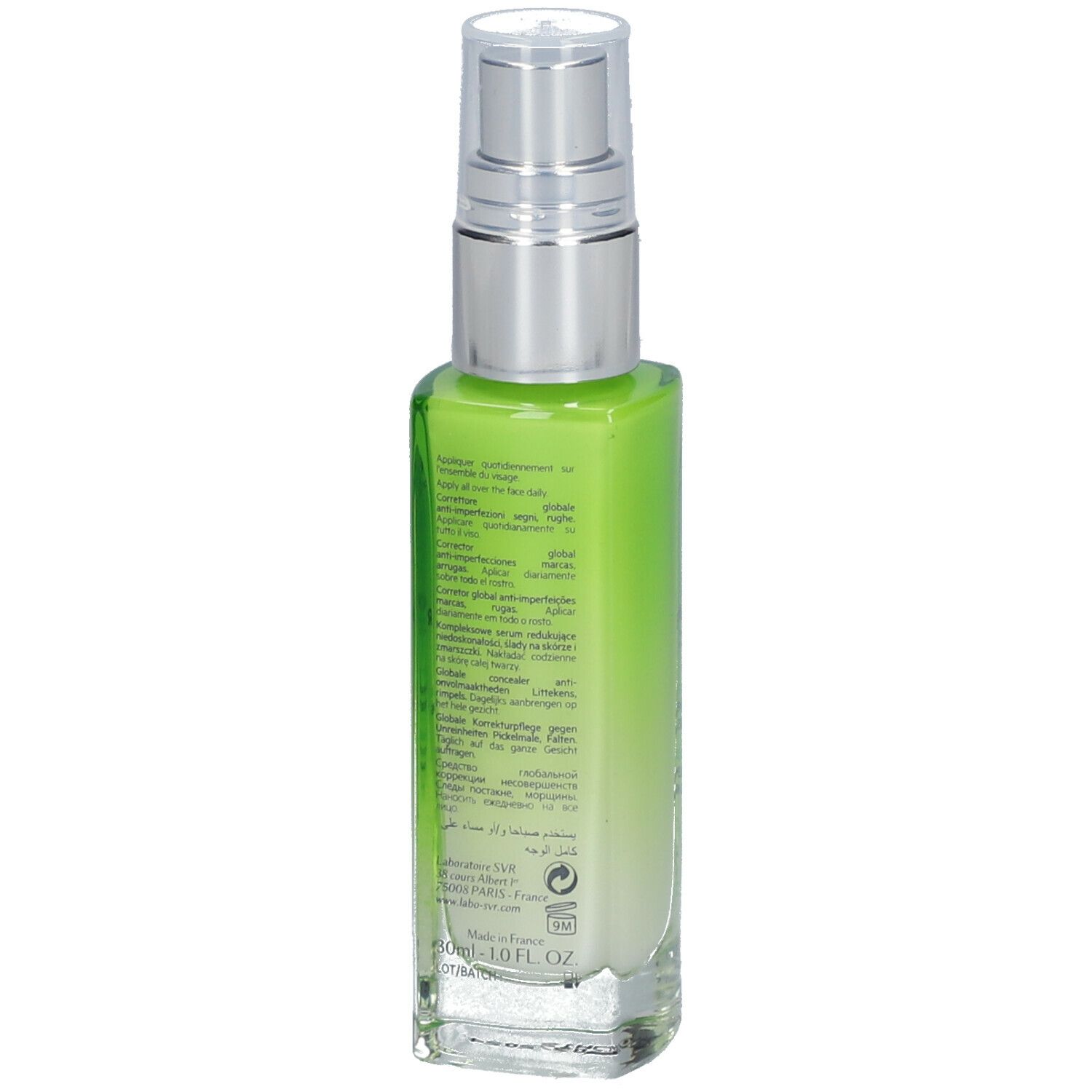 Flacon de sérum vert avec pompe argentée. Inscription SVR SEBIACLEAR. Dos avec texte.