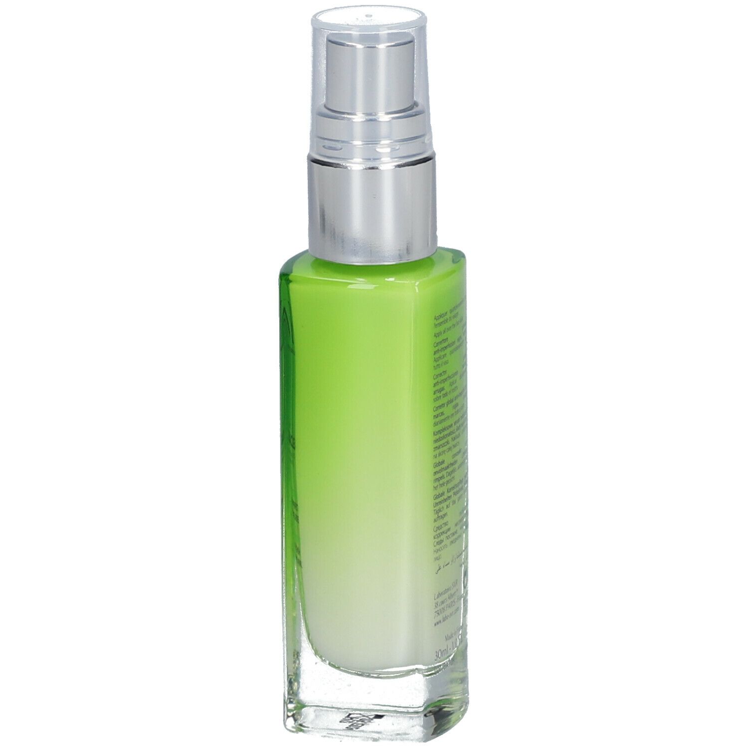 Flacon de sérum vert avec pompe argentée. Inscription SVR SEBIACLEAR. Dos avec texte.