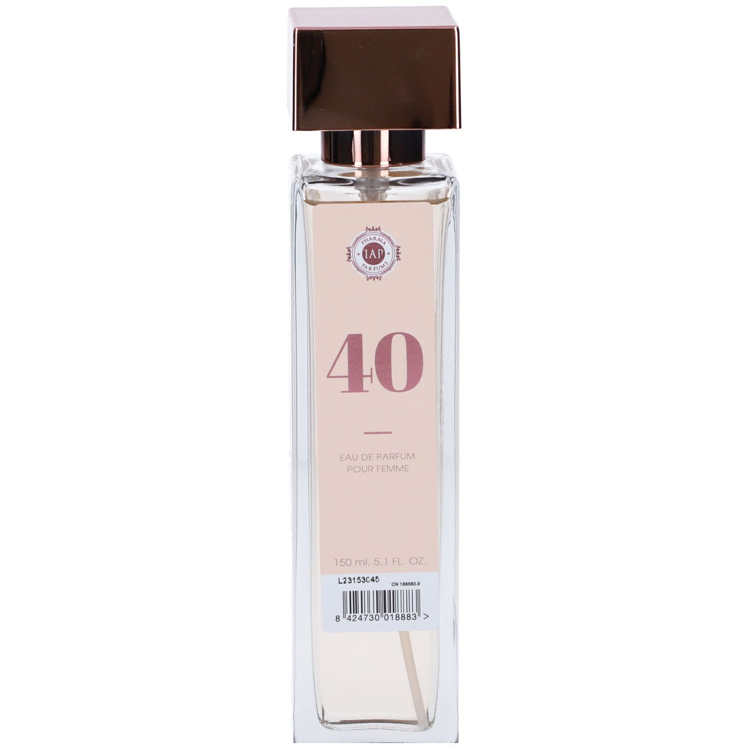 Flacone in vetro con etichetta rosa. Scritta "40", "Eau de Parfum pour Femme". Tappo rettangolare dorato.