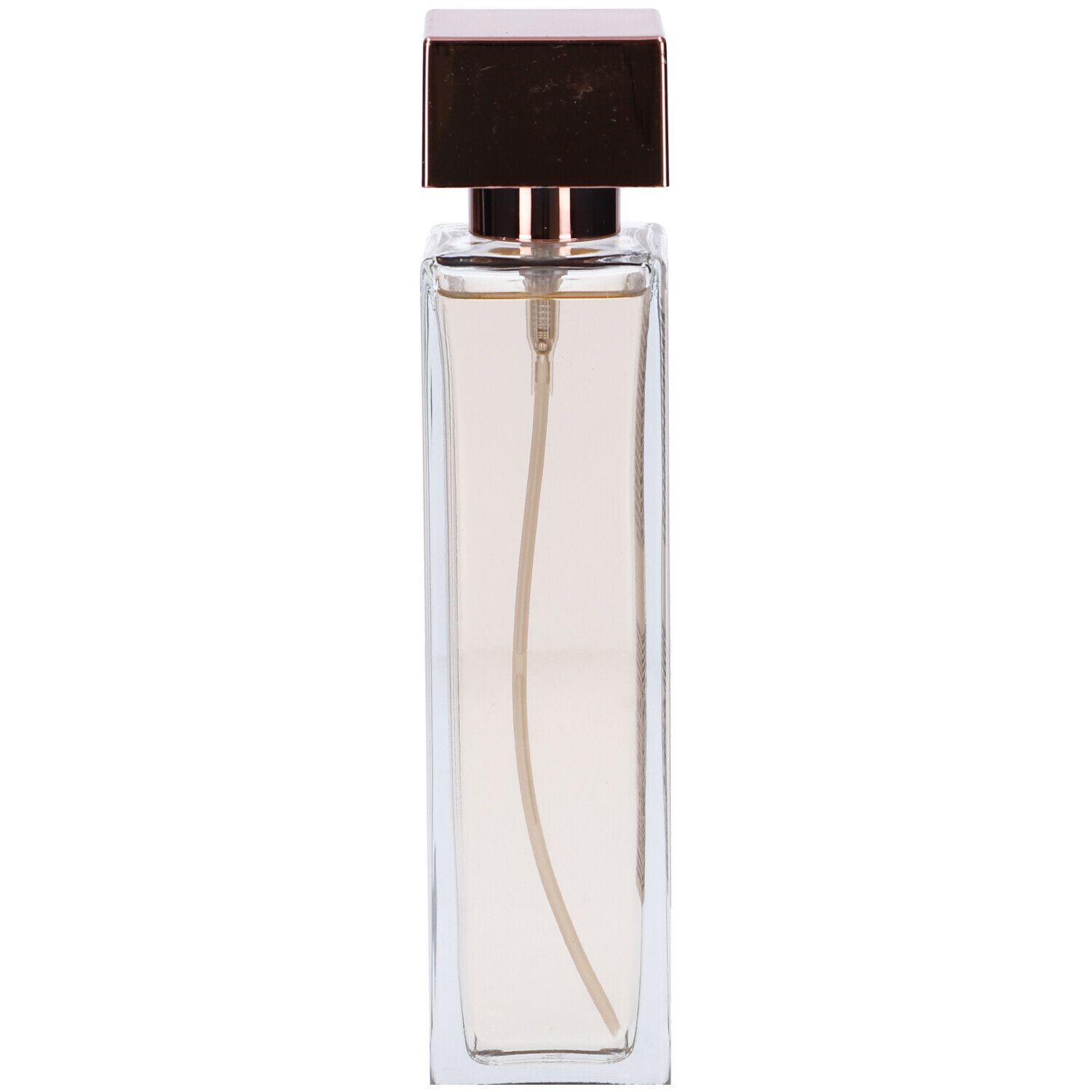 Flacone in vetro trasparente con vaporizzatore. Tappo rettangolare dorato. Liquido all'interno.