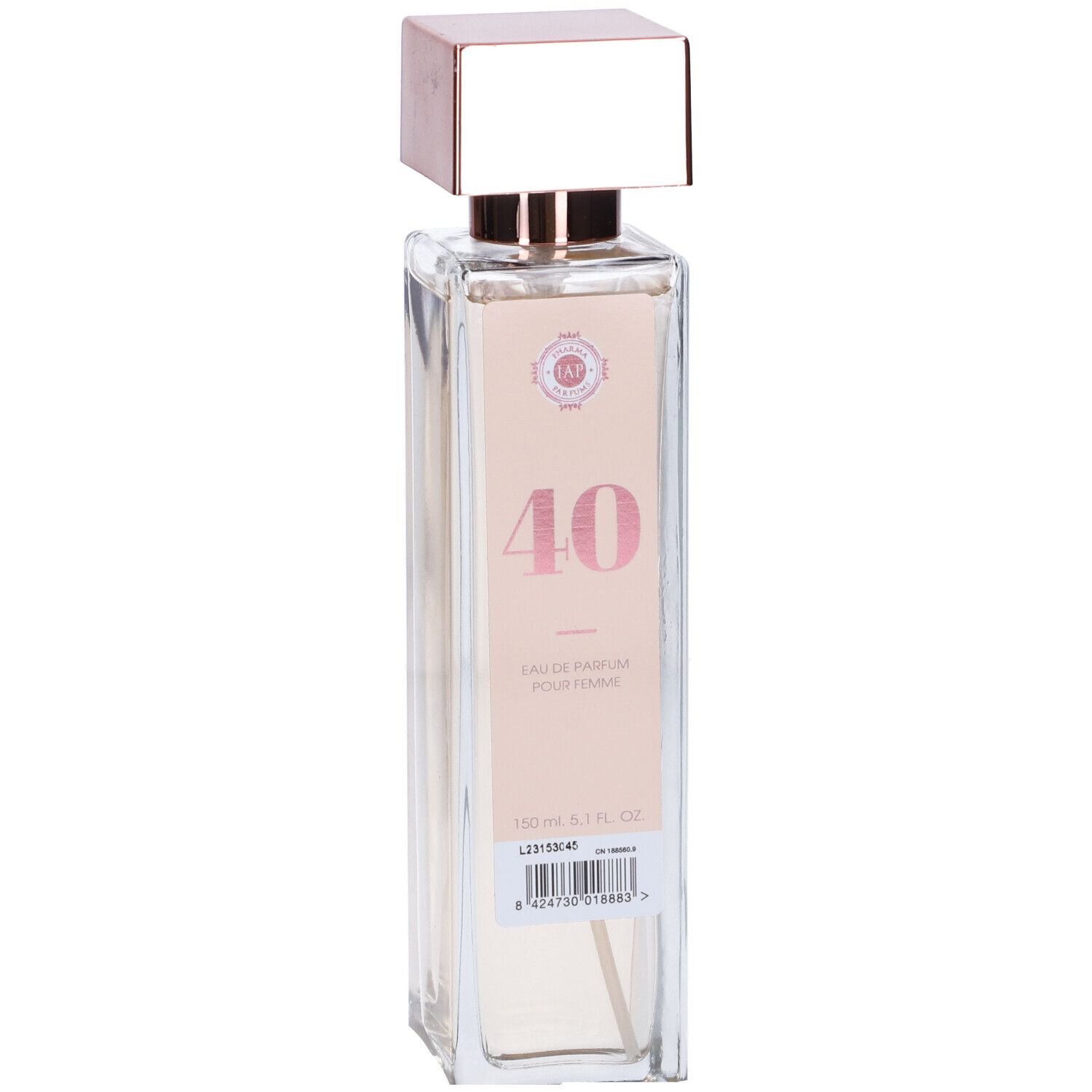 Flacone in vetro con etichetta rosa. Scritta "40", "Eau de Parfum pour Femme". Tappo rettangolare dorato.