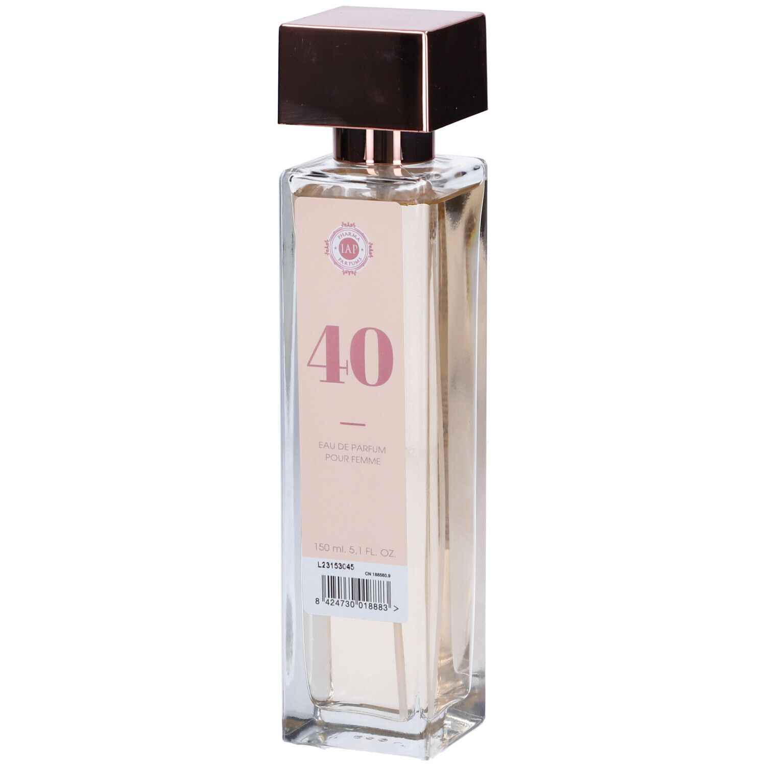 Flacone in vetro con etichetta rosa. Scritta "40", "Eau de Parfum pour Femme". Tappo rettangolare dorato.