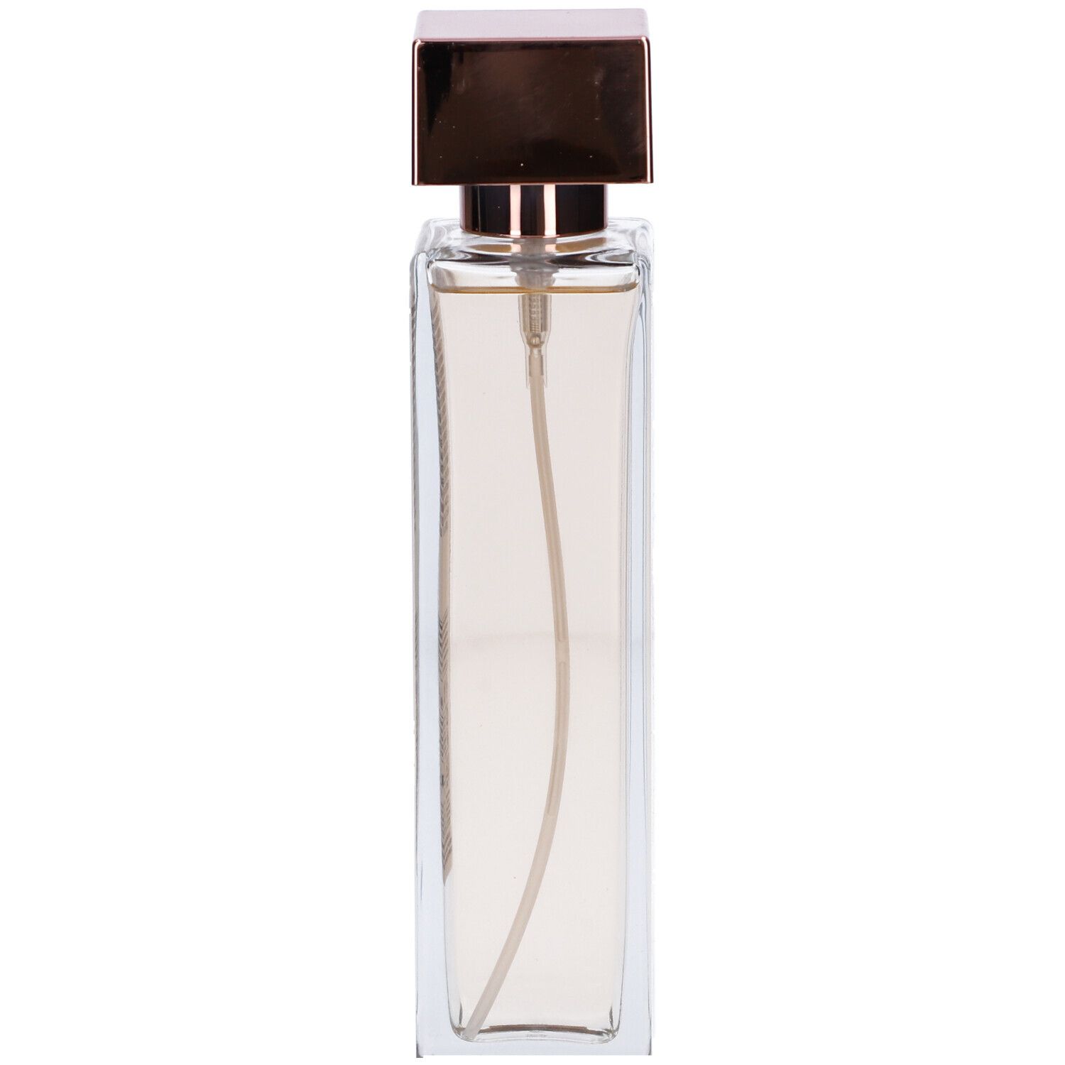 Flacone in vetro trasparente con vaporizzatore. Tappo rettangolare dorato. Liquido all'interno.