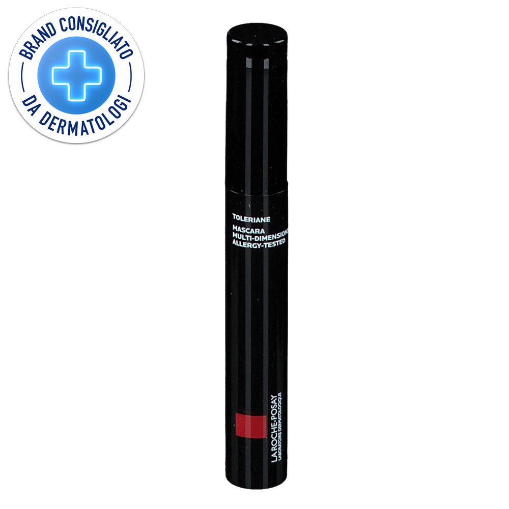 Tubo di mascara nero con accento rosso. Scritta: Toleriane Mascara Multi-Dimension Noir. Sigillo: Brand Consigliato da Dermatologi.