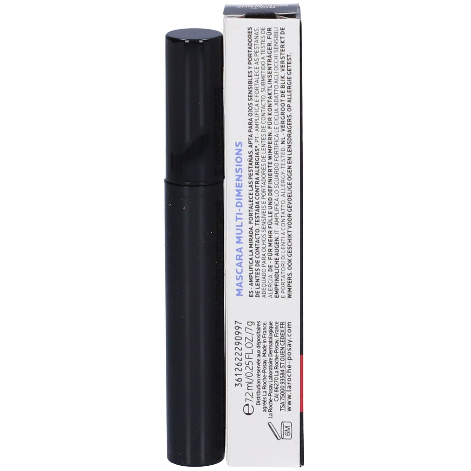 Mascara nero e confezione. Scritta: Toleriane Mascara Multi-Dimensions. Marchio La Roche-Posay. Testo nero su sfondo bianco.