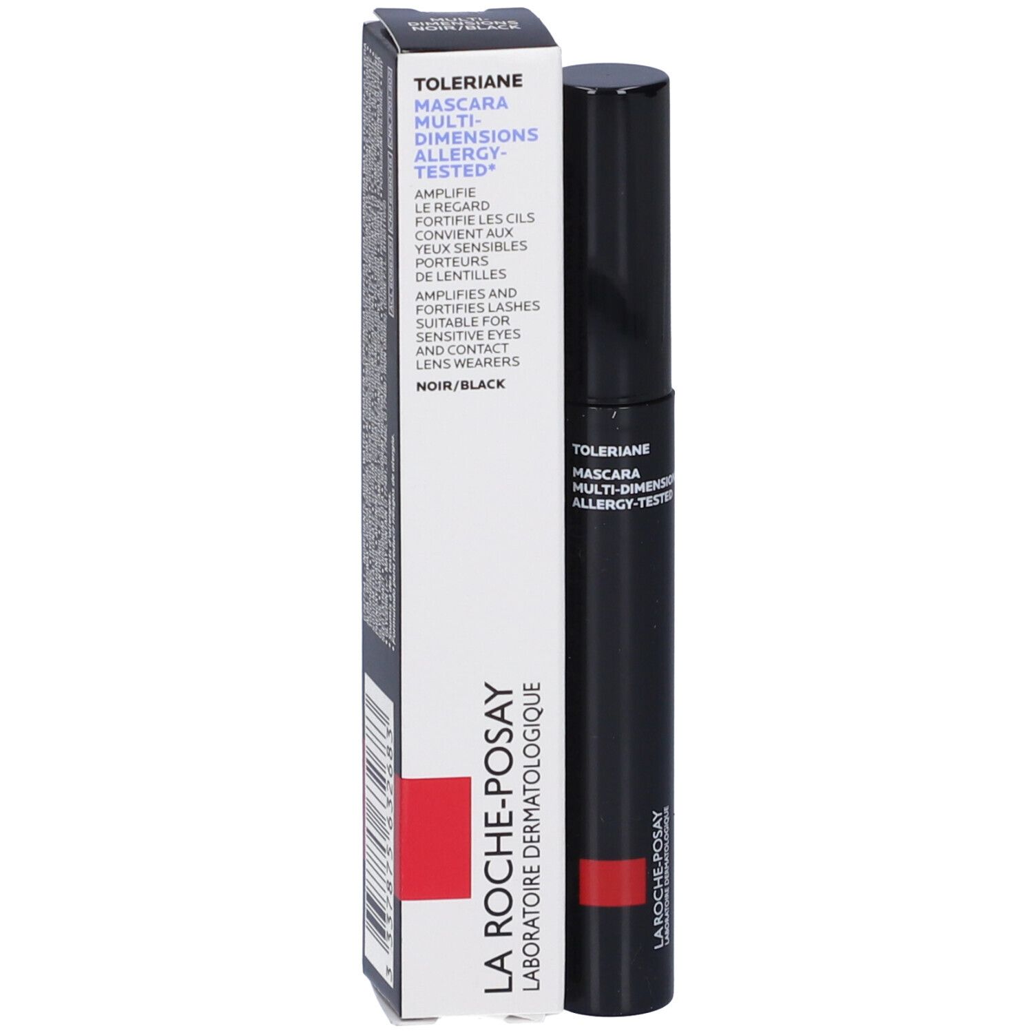 Mascara e confezione. Scritta: Toleriane Mascara Multi-Dimensions Allergy-Tested. Marchio La Roche-Posay. Testo nero su sfondo bianco.
