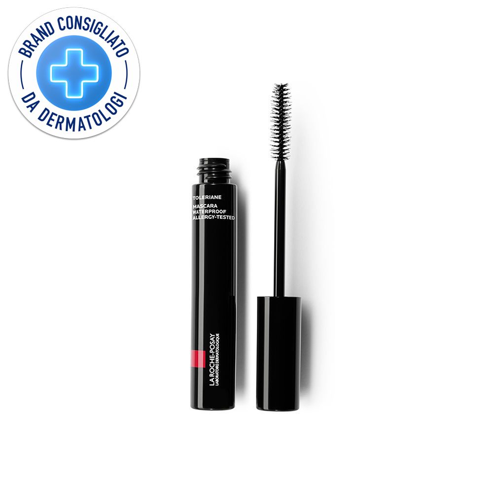 Schwarze Mascara-Tube und Bürste. Auf der Tube steht 'Toleriane Mascara Waterproof'. Logo: Brand Consigliato Da Dermatologi.